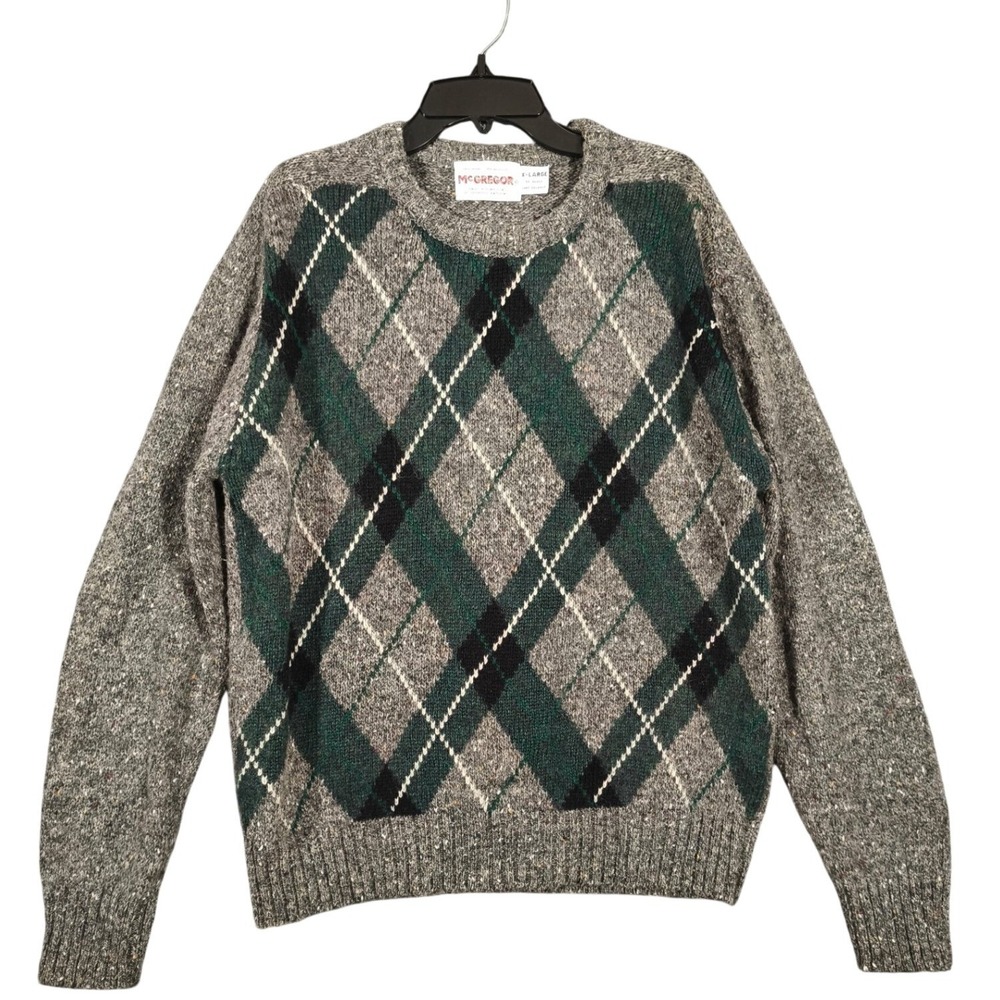 Vintage McGregor Mens‎ XL Gray Green Argyle Wool Blend Crew Neck Sweater Guam